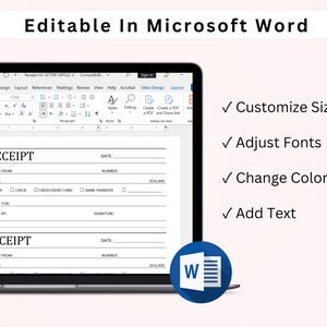 K&ouml;nnte beinhalten: Ein Screenshot eines Microsoft Word-Dokuments mit einer Quittungsvorlage. Die Vorlage enth&auml;lt Felder f&uuml;r Datum, Empf&auml;nger, Betrag, Zahlungsmethode, Zahlungszweck, Empf&auml;nger und Unterschrift. Der Text "RECEIPT" befindet sich oben auf der Vorlage. Das Dokument ist in Microsoft Word ge&ouml;ffnet und der Text "Editable in Microsoft Word" befindet sich oben im Bild. Das Bild enth&auml;lt auch eine Liste von Funktionen, die in der Vorlage angepasst werden k&ouml;nnen, darunter: Gr&ouml;&szlig;en anpassen, Schriftarten anpassen, Farben &auml;ndern und Text hinzuf&uuml;gen.
