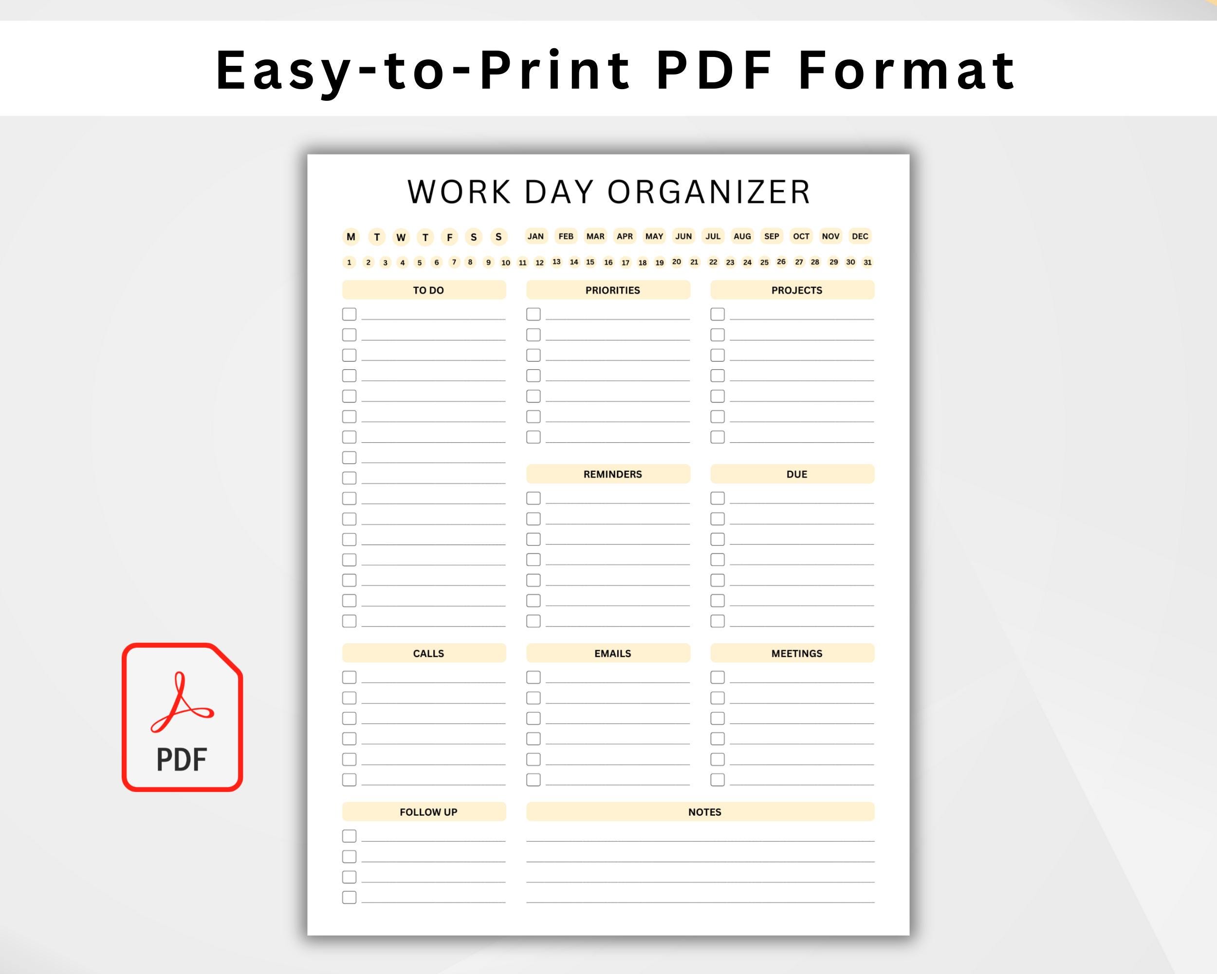 Work Day Organizer, Work Planner, Planner Page, Printable Planner, to ...