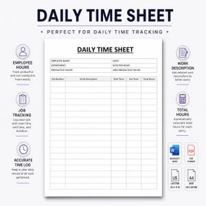 May include: A white daily time sheet template with black text and grid lines. The form includes fields for employee name, date, department, rate, and productive hours. Columns include job number, work description, start time, end time, and total hours.