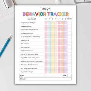 May include: A printable behavior tracker chart for kids with a rainbow color scheme. The chart includes a list of positive behaviors such as saying please and thank you, being a good listener, completing homework, and more. There are boxes for each day of the week to check off the behaviors. The chart also includes a section for goals and rewards.
