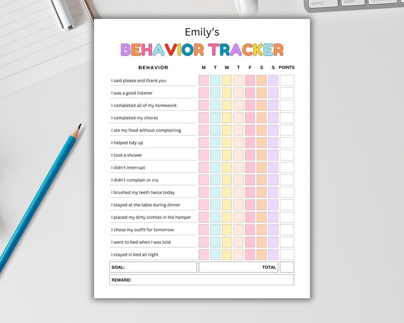 May include: A printable behavior tracker chart for kids with a rainbow color scheme. The chart includes a list of positive behaviors such as saying please and thank you, being a good listener, completing homework, and more. There are boxes for each day of the week to check off the behaviors. The chart also includes a section for goals and rewards.