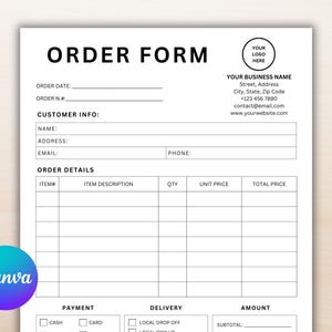 Può includere: Un modello di modulo d'ordine in bianco e nero con campi per la data dell'ordine, il numero d'ordine, le informazioni del cliente, i dettagli dell'ordine, il pagamento, la consegna e l'importo. Il modulo include campi per il nome, l'indirizzo, l'e-mail, il telefono, la descrizione dell'articolo, la quantità, il prezzo unitario, il prezzo totale, contanti, carta, consegna locale e il totale parziale.