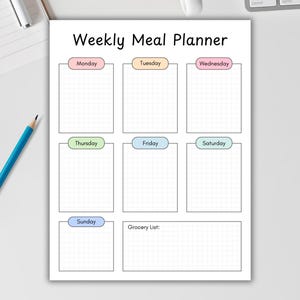 Planificateur de repas hebdomadaire imprimable au format PDF. Modèle de plan de repas. Planificateur alimentaire. Journal de l'alimentation. Formule repas. Liste de courses. Suivi des repas. Préparation des repas