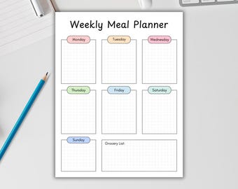 Op de afbeelding: Een printbare wekelijkse maaltijdplanner met een rasterindeling. De planner heeft secties voor elke dag van de week, van maandag tot en met zondag, met een aparte sectie voor een boodschappenlijst.