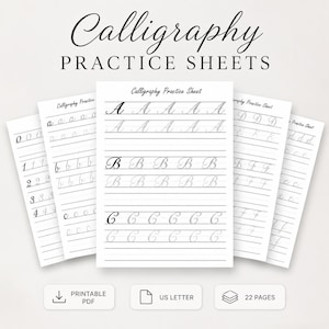Puede incluir: Un conjunto de hojas de práctica de caligrafía blancas con letras y números negros impresos sobre papel rayado. El texto superior dice Calligraphy PRACTICE SHEETS. Los iconos inferiores incluyen PRINTABLE PDF, US LETTER y 22 PAGES.