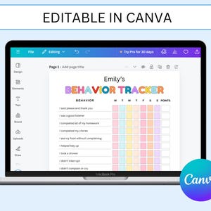 May include: A colorful printable behavior tracker for kids. The tracker has a grid with days of the week and points. The tracker includes a list of positive behaviors such as saying please and thank you, being a good listener, completing homework, and helping tidy up. The tracker is titled "Emily's Behavior Tracker" and is editable in Canva.