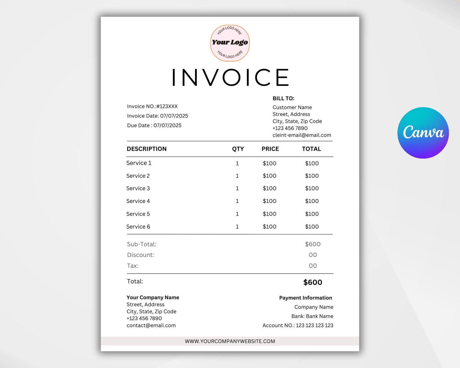 Editable Invoice Template for Small Business. Printable Billing ...