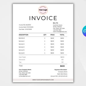 May include: A black and white invoice template with the word "INVOICE" in bold at the top. The invoice includes a description of services, quantity, price, and total. The invoice also includes contact information for the company and the customer.
