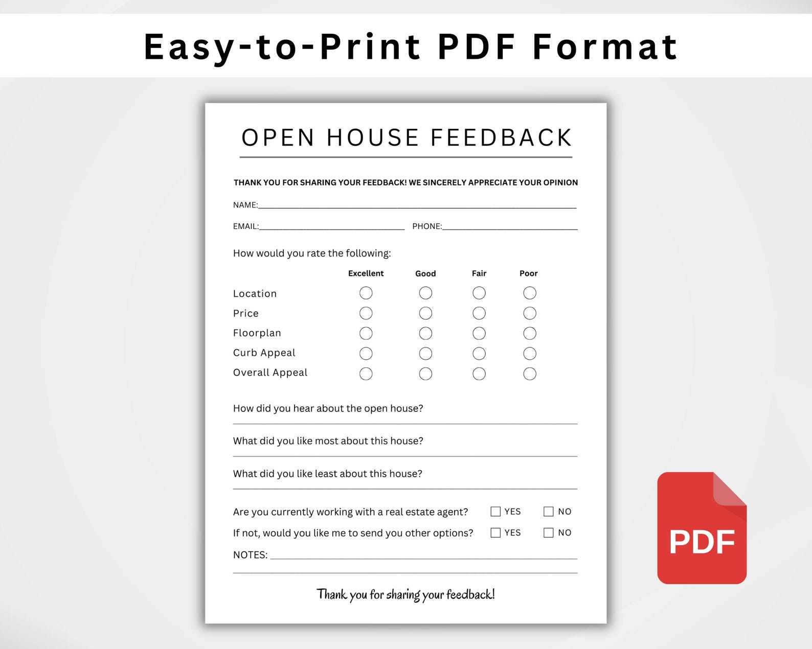 EDITABLE Open House Feedback Form. Printable Real Estate Agent Open House Feedback Form. Realtor ...