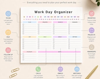 Work Day Organizer Printable, Daily Work Planner and To Do List, Day Schedule and Goal Planner & PDF Download