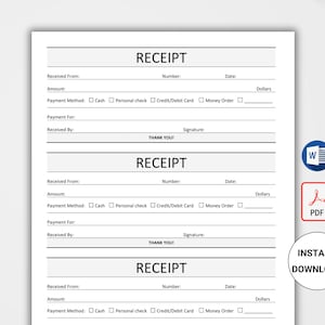 Printable Receipt. Receipt Template. Customer Receipt. Payment Receipt. Minimalist Receipt. Digital Receipt. Rent Receipt Template PDF, WORD