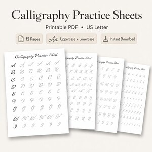 May include: Calligraphy Practice Sheets, a printable PDF in US Letter size. The set includes 12 pages featuring uppercase and lowercase letters for instant download. The sheets display rows of elegant script alphabet characters for handwriting practice.