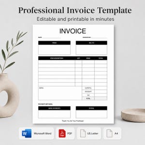 Può includere: Un modello di fattura professionale con intestazioni nere e linee a griglia per descrizione articolo, quantità, prezzo e totale. Il modulo include sezioni per data, numero fattura, mittente, destinatario, note e metodi di pagamento come banca e PayPal.