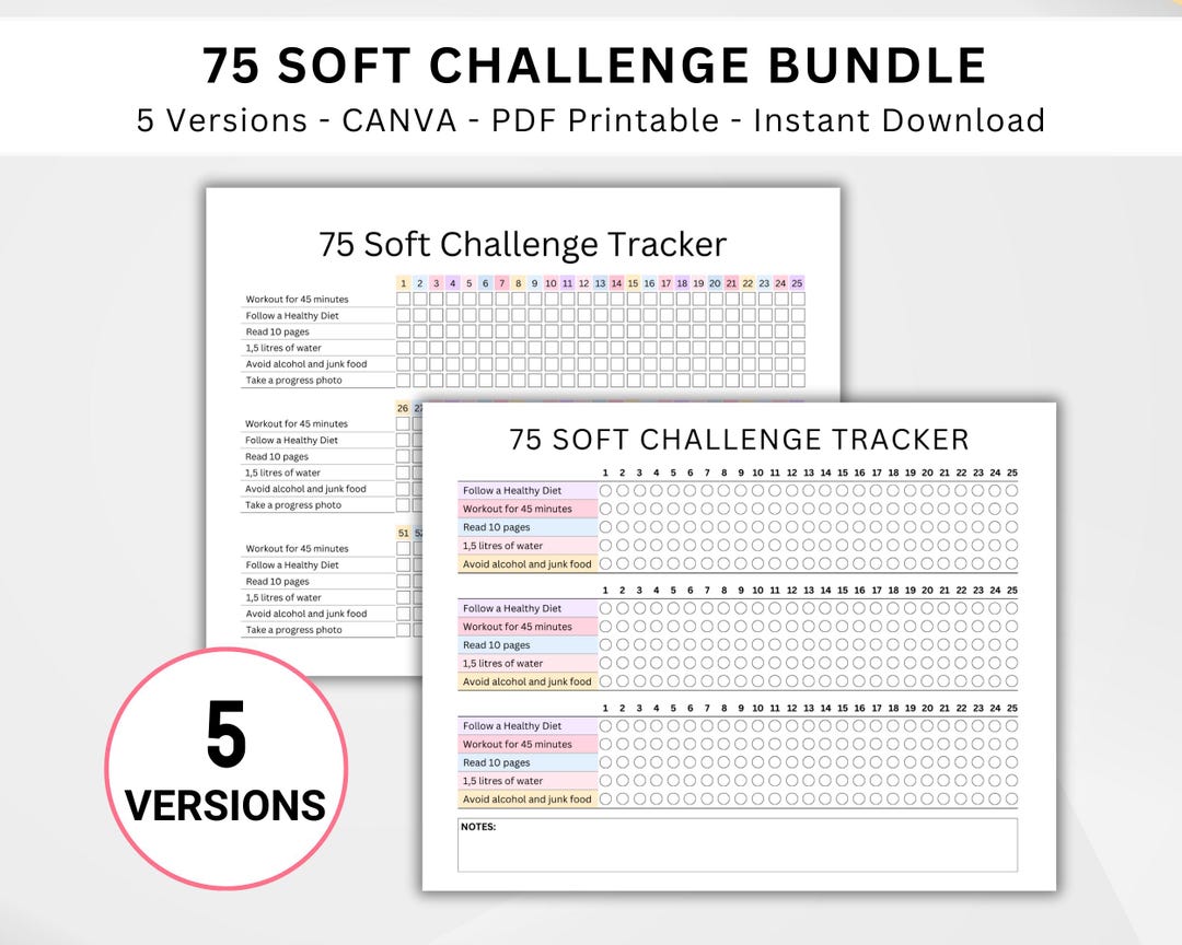 Editable 75 Soft Challenge Tracker Bundle, Printable Fitness & Health ...