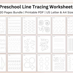 Op de afbeelding: Een set van 20 afdrukbare voorschoolse lijntraceerwerkbladen voor kinderen. De werkbladen bevatten verschillende vormen, lijnen en patronen om kinderen te helpen hun fijne motoriek en hand-oogcoördinatie te ontwikkelen.