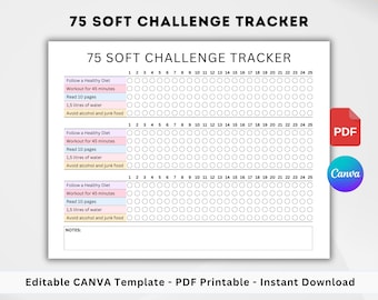 75 Soft Challenge Tracker. Daily Habit Tracker. Printable. Editable. Digital Download