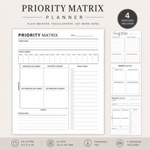 May include: A white Priority Matrix planner page featuring sections for Today's Goal, Today's Agenda with hourly slots from 6 AM to 8 PM, a four-quadrant priority matrix, and a Today's Tasks checklist. Includes US Letter 8.5 x 11 inch sizing.