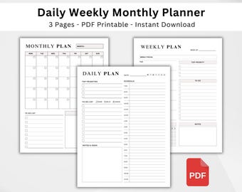 Zestaw planerów bez daty do druku w formacie PDF, szablony planerów dziennych, tygodniowych i miesięcznych, zestaw planerów produktywności, format A4 do natychmiastowego pobrania