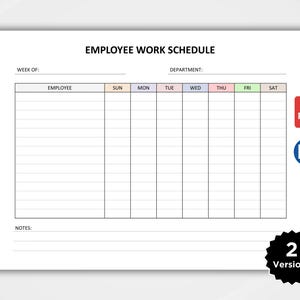 May include: A printable employee work schedule template with columns for employee name, days of the week, and notes. The template is in a black and white color scheme with light gray lines.