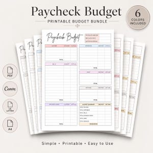 May include: A printable Paycheck Budget bundle featuring six color-coded templates. Each sheet includes sections for income, expenses, bills, debt, savings, sinking funds, and a budget summary. The text includes Paycheck Budget, 6 Colors Included, PDF, Canva, US Letter, and A4.