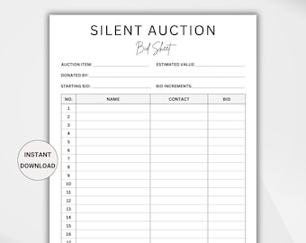 Editable Silent Auction Bid Sheet. Silent Auction Sign up Sheet. Silent auction bidding sheet. Fundraiser sheet. Printable Sign up Sheet PDF