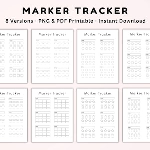Puede incluir: Se muestran ocho hojas imprimibles "Marker Tracker" en formatos PNG y PDF. Cada hoja tiene un diseño diferente para el seguimiento, incluyendo casillas, corazones y estrellas. El título "Marker Tracker" se muestra en la parte superior de cada hoja.