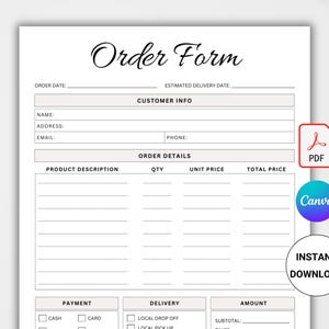 Op de afbeelding: Een printbare bestelformulier sjabloon met secties voor klantgegevens, besteldetails, betaling en levering. Het formulier bevat velden voor naam, adres, e-mail, telefoon, productbeschrijving, hoeveelheid, eenheidsprijs, totaalprijs, contant, kaart, lokale bezorging, lokale afhaling en subtotaal.