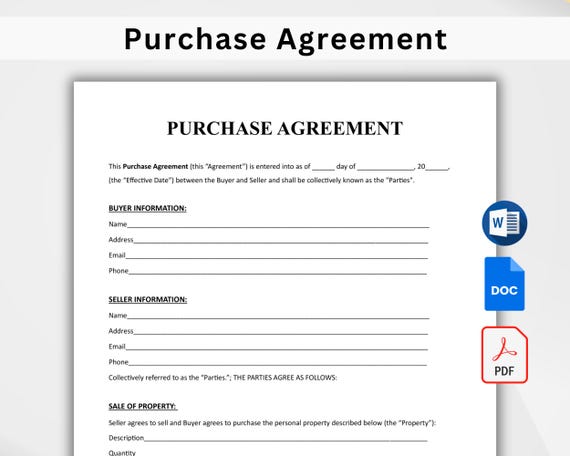 Purchase Agreement Template. Purchase and Sale Contract. Contract of Sales. Purchase Contract for Business. Sales Contract. Printable PDF