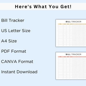 Puede incluir: Una descarga digital de un rastreador de facturas imprimible en tama&ntilde;os US Letter y A4. El rastreador est&aacute; en formato PDF y Canva. La imagen muestra una muestra del rastreador de facturas con el texto "BILL TRACKER" en la parte superior.