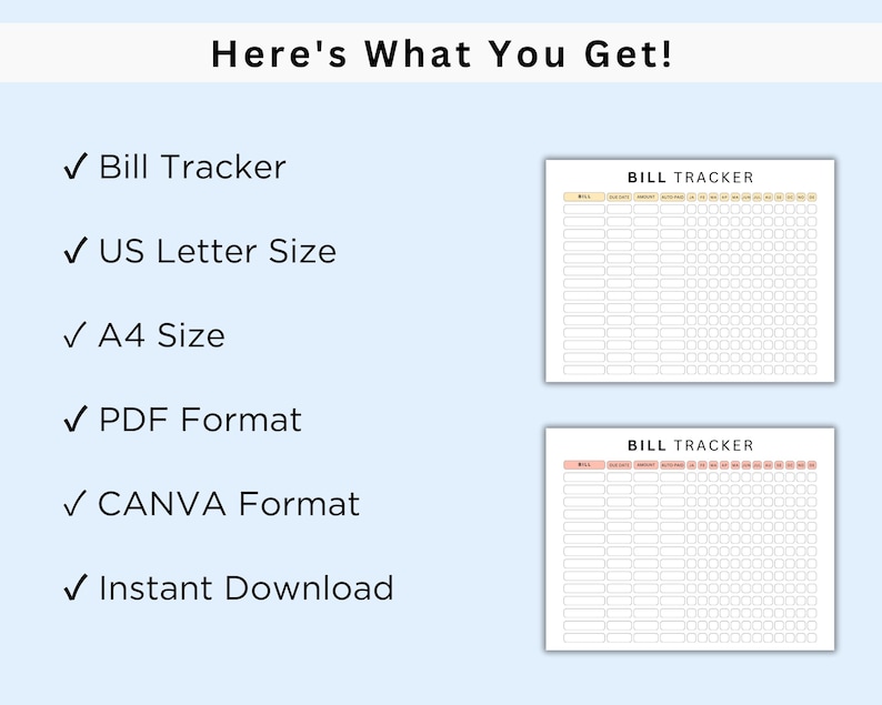 Puede incluir: Una descarga digital de un rastreador de facturas imprimible en tama&ntilde;os US Letter y A4. El rastreador est&aacute; en formato PDF y Canva. La imagen muestra una muestra del rastreador de facturas con el texto "BILL TRACKER" en la parte superior.