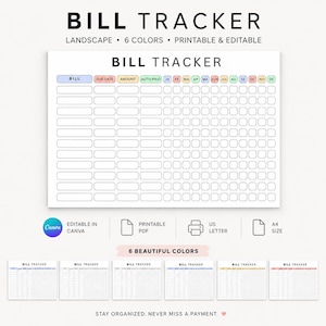 May include: A landscape-oriented bill tracker template featuring a grid with columns for bill name, due date, amount, auto-paid status, and twelve months abbreviated as JA, FE, MA, AP, MA, JUN, JUL, AU, SE, OC, NO, DE. Includes six colour variations.
