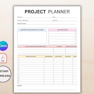 Simple Project Planner EDITABLE, Printable Project Planning Templates, Project Timeline Tracker, Project Management, Tasks To Do List PDF