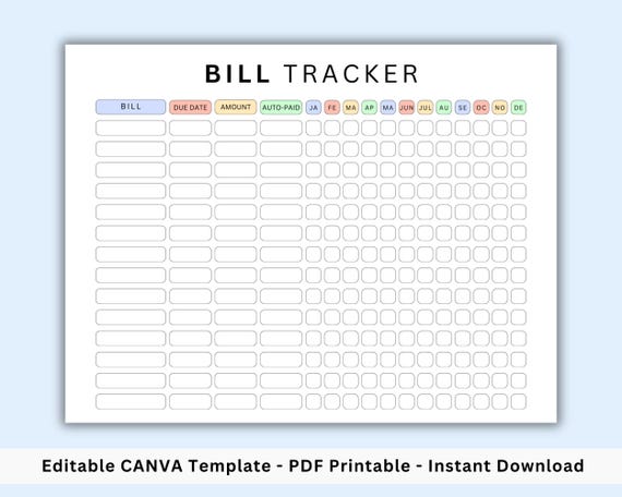 Editable Monthly Bill Log. Bill Payment Checklist. Bill Pay Organizer. Yearly bill Tracker. Expense & Bill Tracker. Bill Payment Tracker PDF