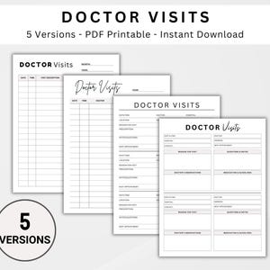 May include: A collection of five printable "Doctor Visits" templates in various layouts. The designs are minimalist with black text on a white background. The text includes "Doctor Visits", "Date", "Time", and "Notes". The image also includes the text "5 Versions - PDF Printable - Instant Download".