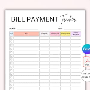 Bill Pay-organisator. Factuurbetalingslogboek. Checklist voor maandelijkse factuurbetaling. Kosten- en rekeningtracker. Tracker voor factuurbetalingen. Bewerkbare CANVA. Pdf