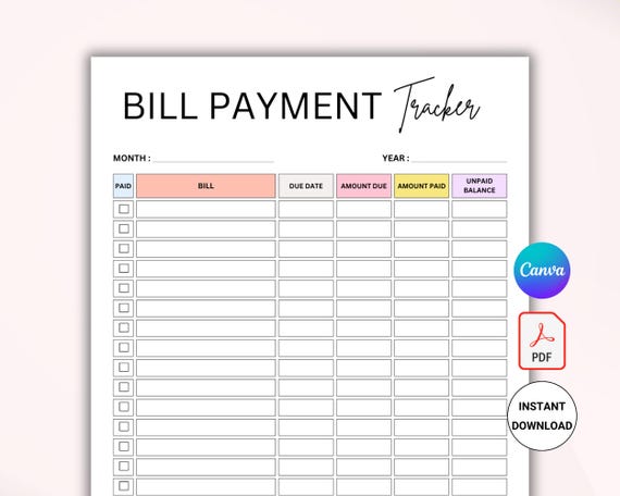 Bill Pay Organizer. Bill Payment Log. Monthly Bill Payment Checklist. Expense and Bill Tracker. Bill Payment Tracker. Editable CANVA. PDF