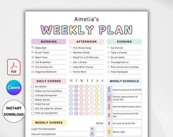 PRINTABLE Responsibility Chart for Kids. Weekly Chore Chart Template. Responsibility Chore Chart for Teens. Kids Daily Routine Checklist