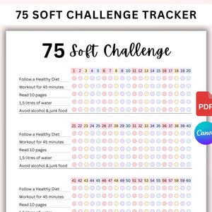 May include: A printable 75-day challenge tracker with a pink, yellow, and blue color scheme. The tracker includes a checklist for following a healthy diet, working out for 45 minutes, reading 10 pages, drinking 1.5 liters of water, and avoiding alcohol and junk food. The tracker is divided into three sections, each with 20 days.