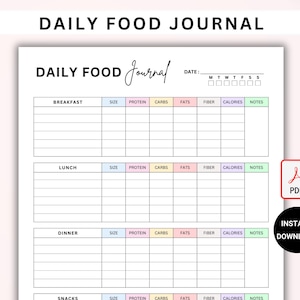 Food Journal. Daily Calorie Tracker. Food Diary. Fitness Diet. Meal Journal. Meal Tracker. Food Log. Eating Journal Digital. Printable PDF