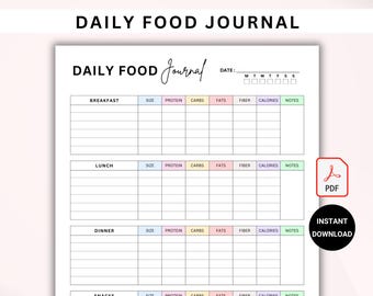 Food Journal Printable | Daily Calorie Tracker | Meal Tracker & Food Log | Meal Journal | Fitness Diet Diary | Eating Journal PDF Download