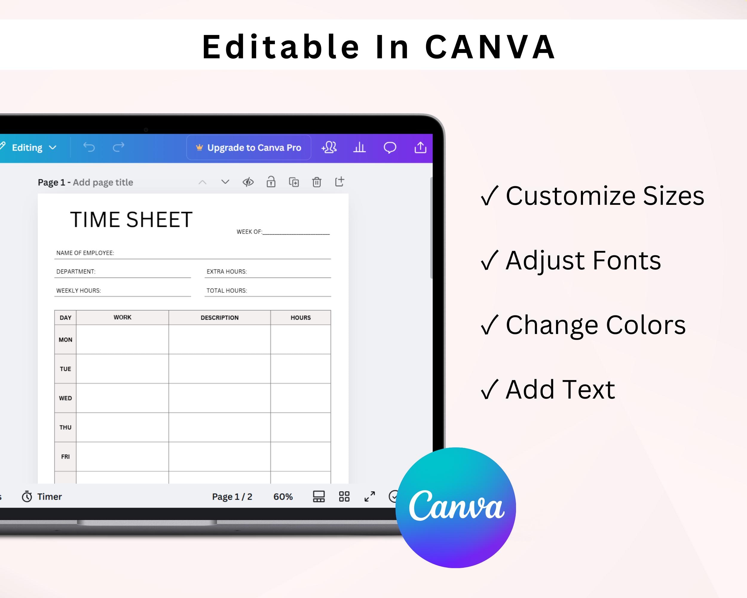 Weekly Employee Time Sheet Log Printable Word for Small Business ...