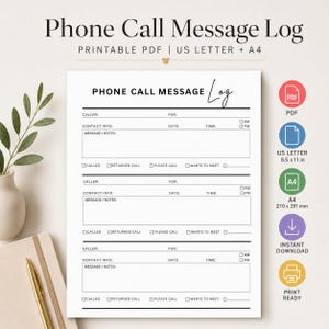 Könnte beinhalten: Ein weißes, druckbares Phone Call Message Log Dokument mit drei Abschnitten für Anruferdetails, Kontaktinfos, Datum, Uhrzeit und Notizen. Das Layout enthält Kontrollkästchen für den Anrufstatus. Symbole zeigen PDF-Format und A4 210 x 297 mm Größe.