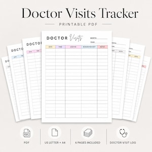 May include: A printable Doctor Visits Tracker PDF featuring a white page with a grid layout. The header includes the text Doctor Visits, Month, and Year. Columns are labelled Date, Time, Doctor, Reason for Visit, and Notes with pastel accents.