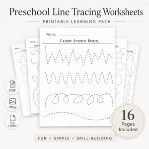 Può includere: Pacchetto di apprendimento stampabile Preschool Line Tracing Worksheets con 16 pagine incluse. I fogli di carta bianca presentano testo nero che recita Preschool Line Tracing Worksheets, I can trace lines e Name, con vari motivi a linee tratteggiate.