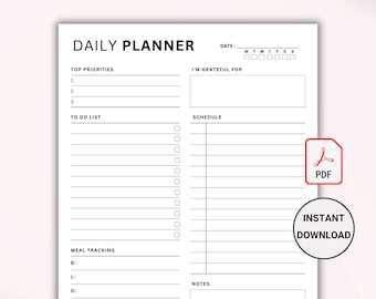 Planificador diario imprimible, plantilla de lista de tareas, inserto para planificador Goodnotes, página minimalista para bullet journal, descarga digital en PDF tamaño carta A4