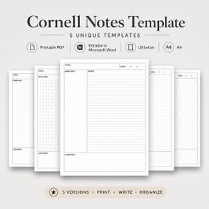 May include: A Cornell Notes template set featuring five unique page designs in black and white. The templates include sections for topic, date, main idea, notes, and summary. The text reads Cornell Notes Template, 5 Unique Templates, Printable PDF, Editable in Microsoft Word, US Letter, A4, and 5 Versions Print Write Organize.