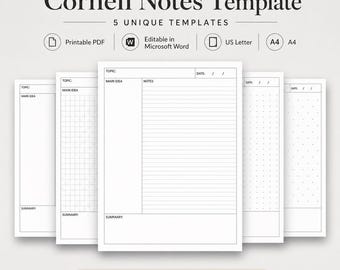 Cornell Notes Template, Printable Note Taking Paper and Student Study Worksheet, Microsoft Word & PDF Instant Download