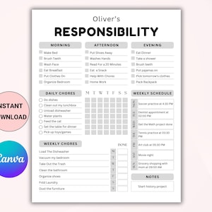 Kids Responsibility Chart Printable - Chore Chart and Daily Routine Checklist for Children and Teens | PDF Download for Good Behavior