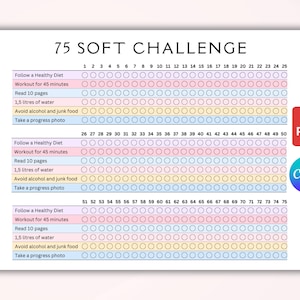 Editable 75 Soft Challenge Tracker. Printable 75 Soft Challenge Tracker. 75 Day Challenge. Fitness & Health Journal. Weight Loss Challenge