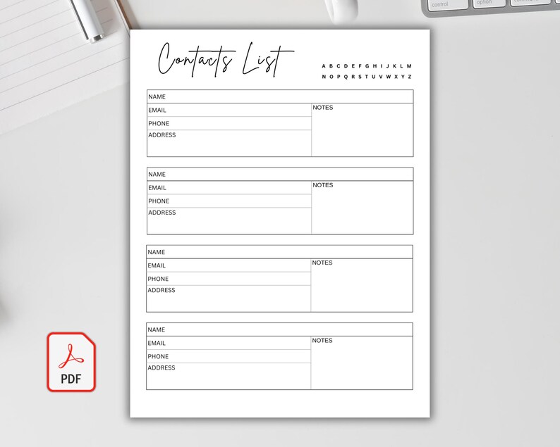 4 Contacts List Printable. Contact Information Template. Contact Sheet ...